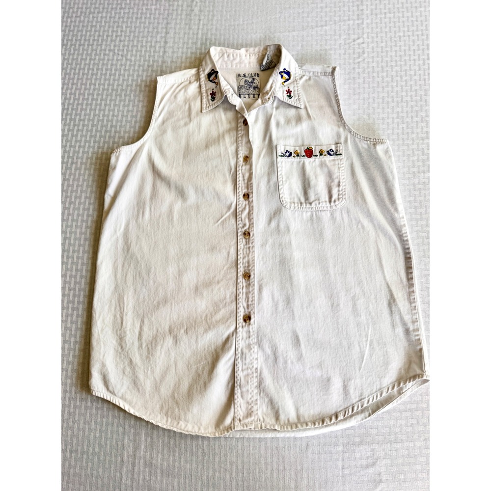 AS Club Blues Vintage Embroidered Denim Vest Off White Strawberry Garden Large